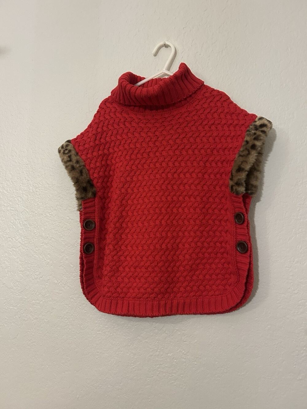 Aspen Girls Red Knit Sweater Vest Sleeveless Turtleneck Faux Fur Trim Buttons
